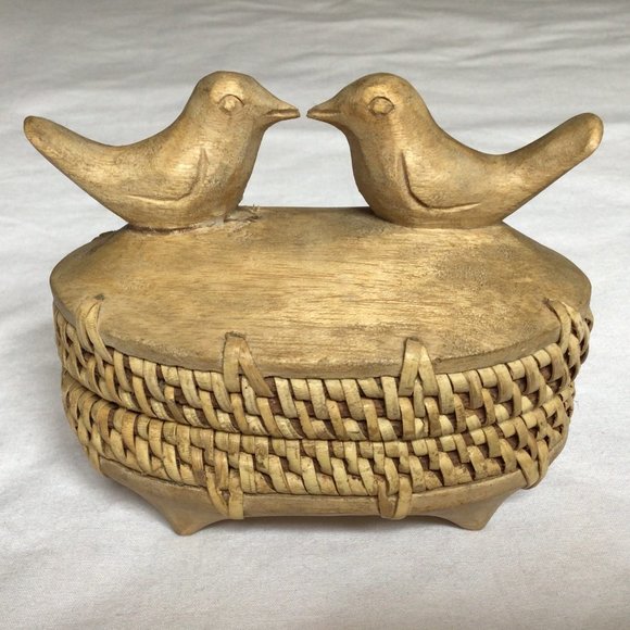 Other - Love birds carved wooden and weaved trinket holder